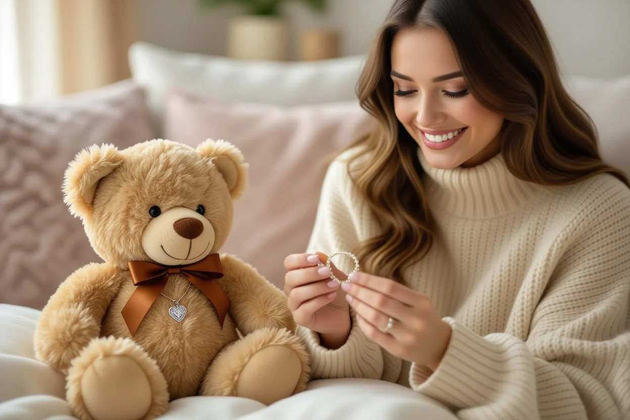 Happy woman receiving romantic teddy bear with hidden necklace surprise meaningful gift emotional reaction