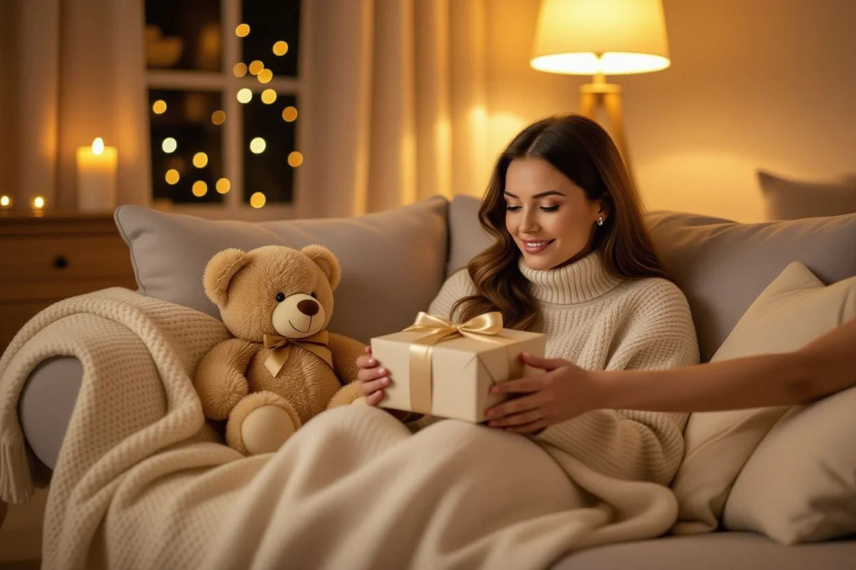 Woman receiving surprise teddy bear gift on cozy evening - meaningful romantic gifts for her