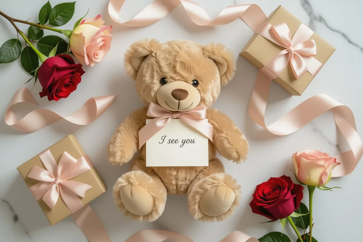 Elegant teddy bear gift arrangement with romantic accessories - thoughtful Valentine's Day gifts