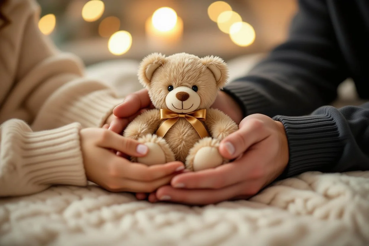 Intimate moment of giving teddy bear gift between couple - romantic gifts that show you care