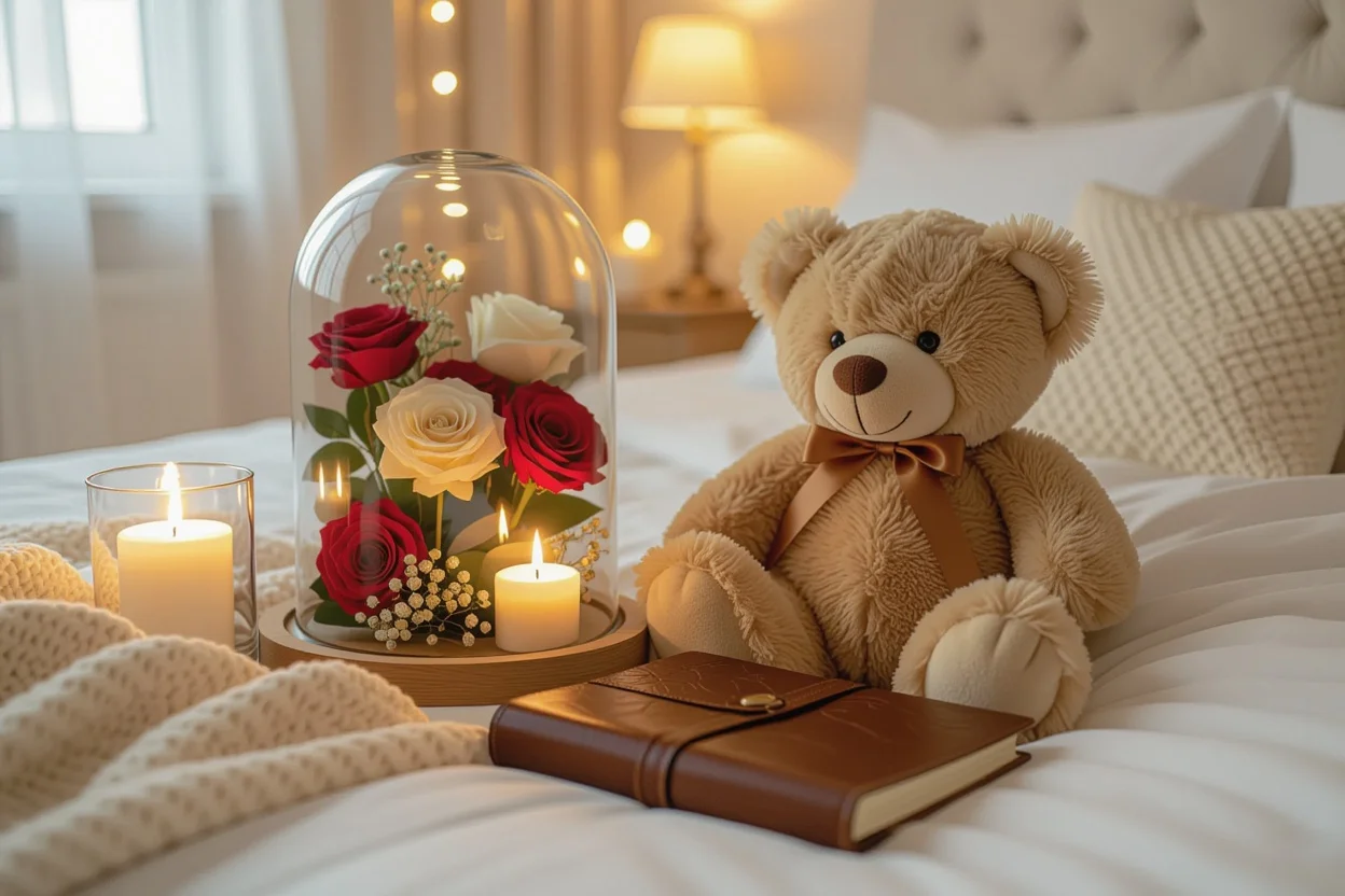 Romantic gift collection with teddy bear and meaningful accessories - gifts for her that show appreciation