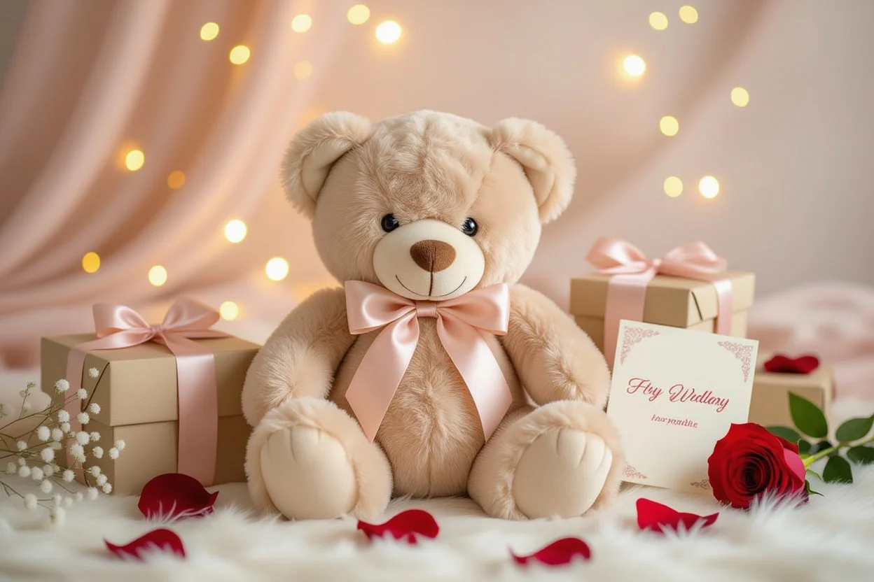 Luxury teddy bear gift with romantic elements and rose petals for surprise gift giving