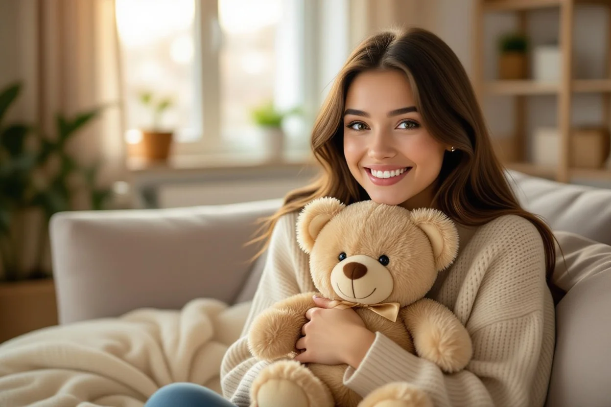 Happy woman receiving surprise teddy bear gift showing joy and emotional reaction