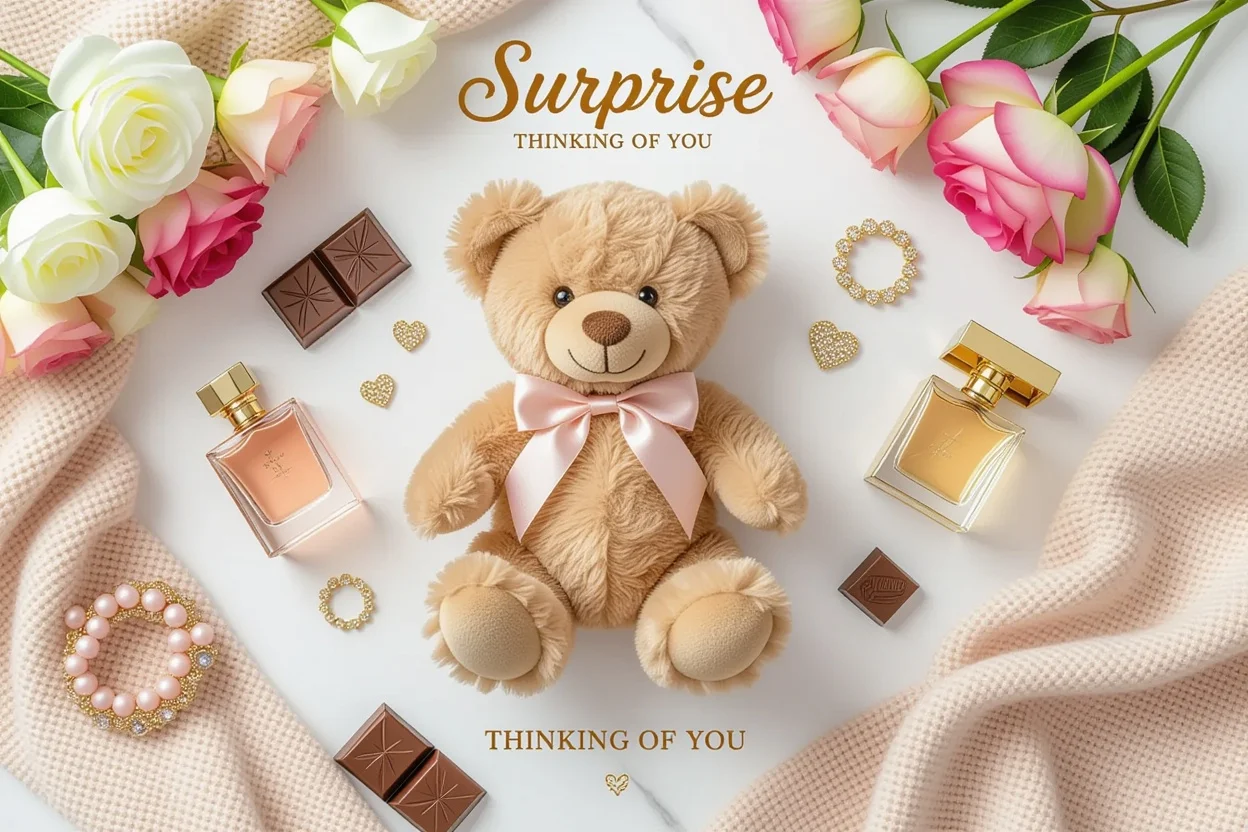 Romantic flat lay with teddy bear and feminine gifts for spontaneous surprise giving