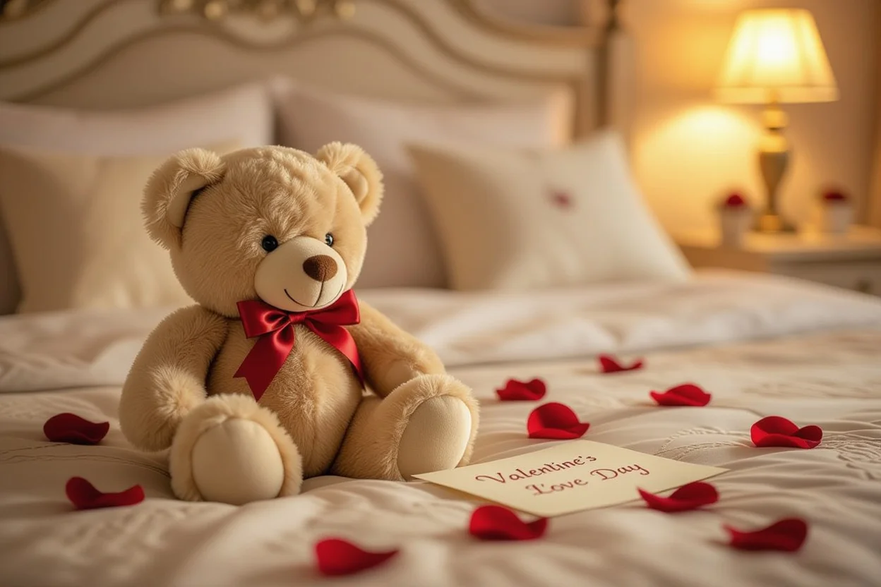Romantic teddy bear gift on bed with rose petals and love note for Valentine's Day
