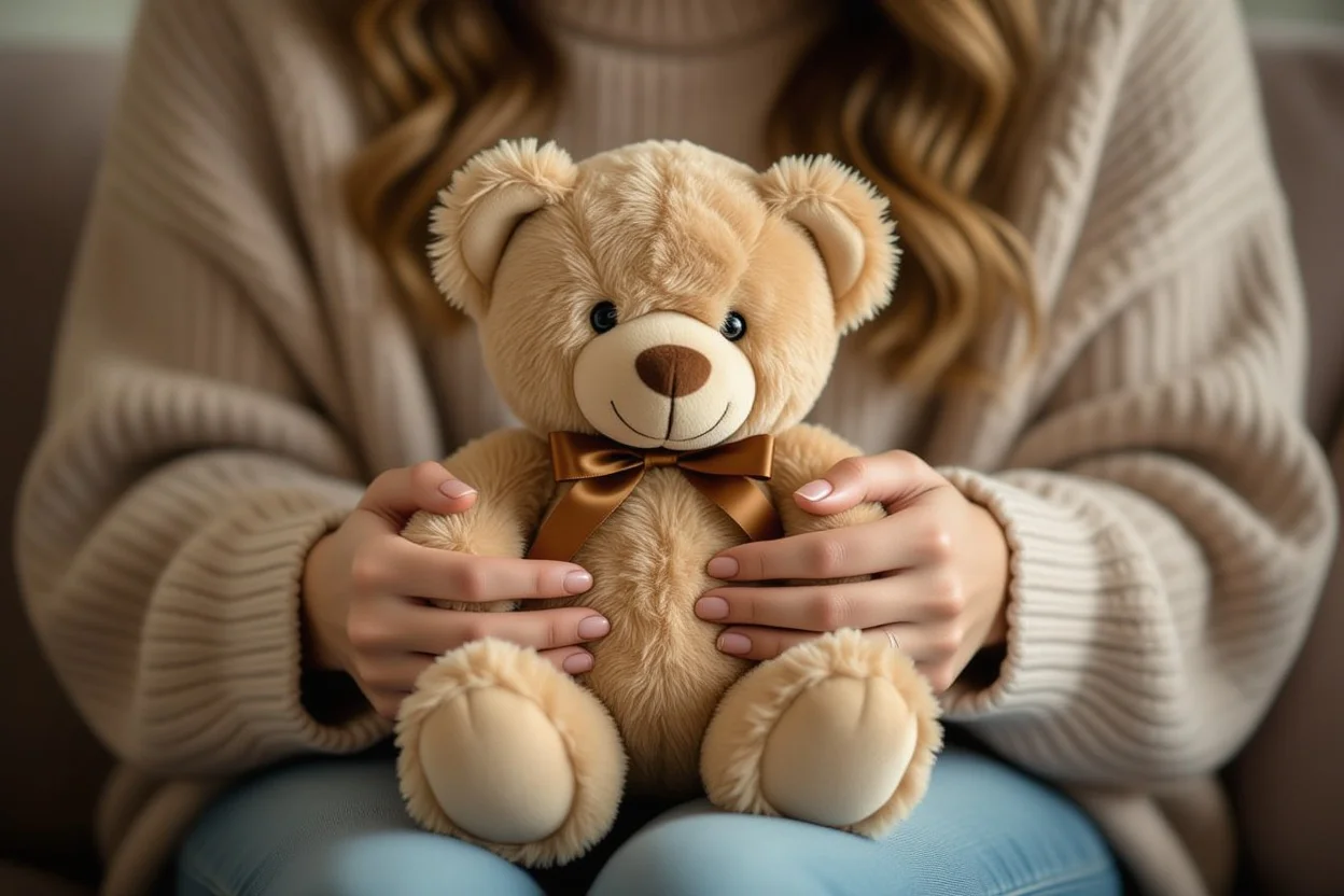 Woman holding teddy bear gift showing lasting love and appreciation