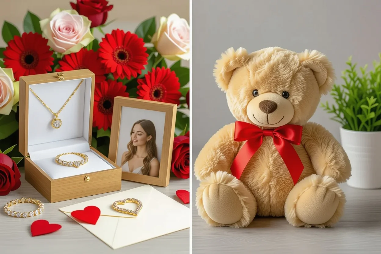 Comparison of grand gesture gifts versus lasting romantic gifts including teddy bear