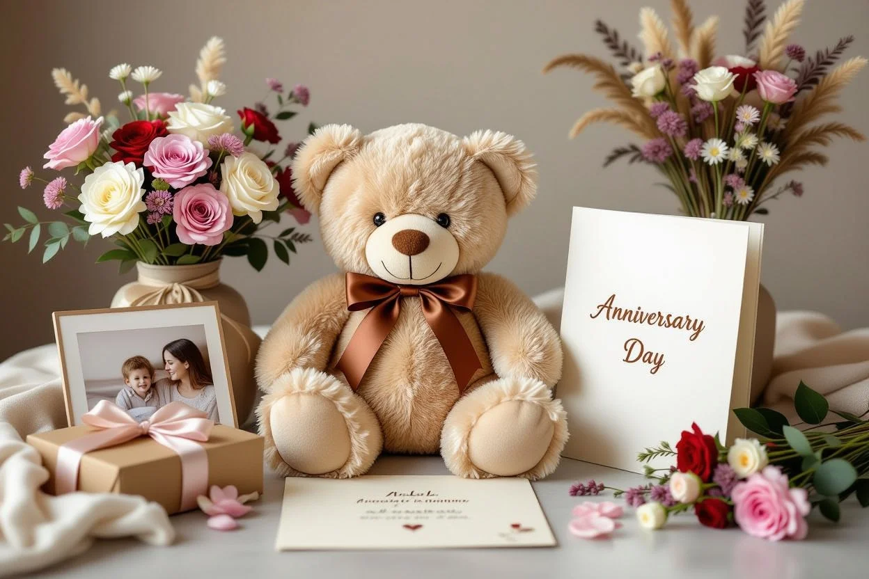 Anniversary gift arrangement with teddy bear and lasting romantic gifts for her