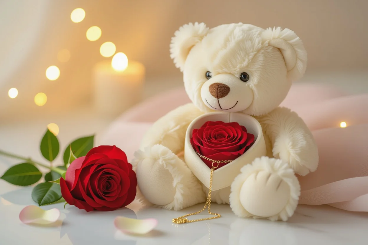 Teddy bear with hidden compartment containing preserved rose and necklace romantic gift