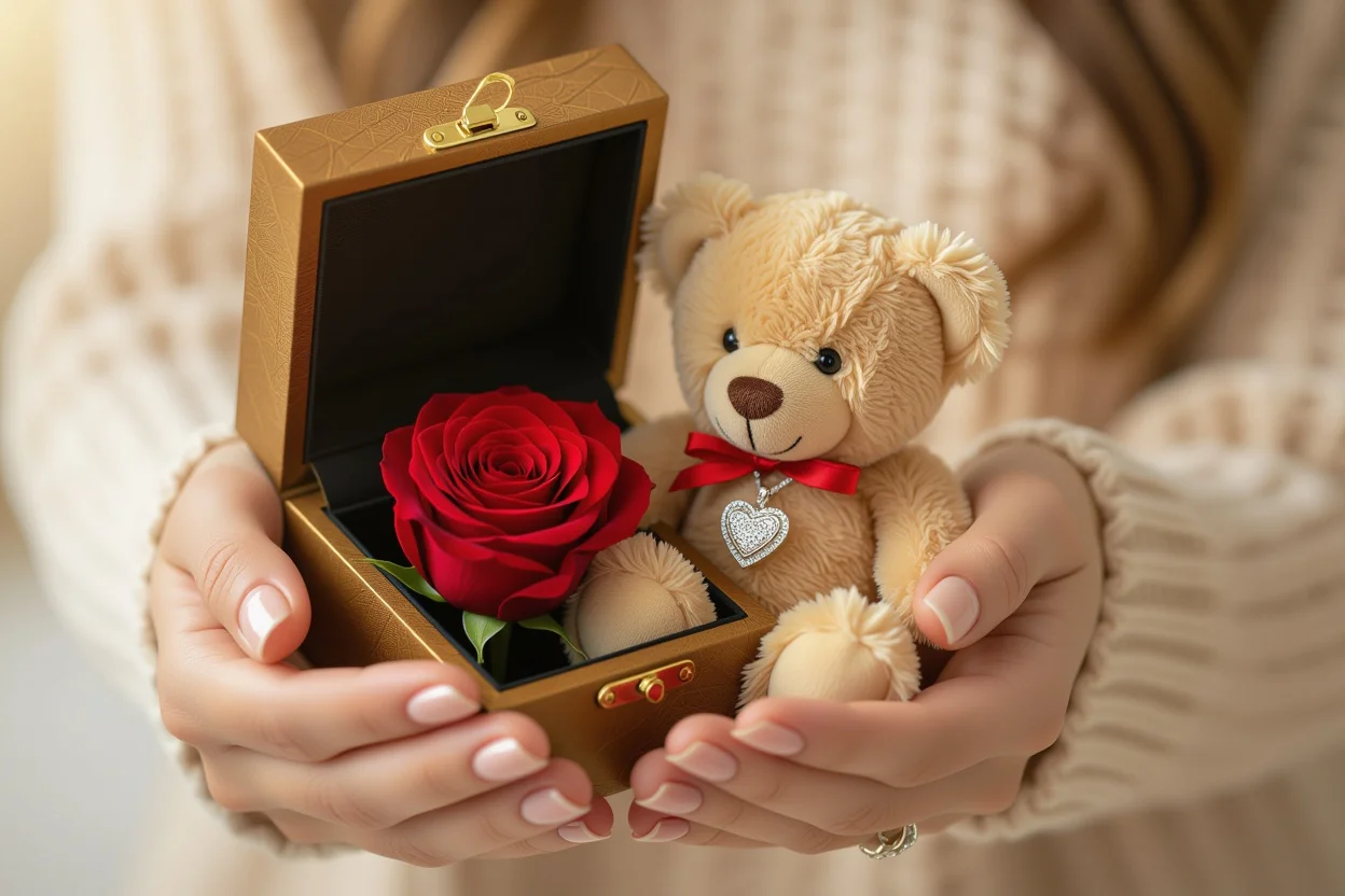 Woman discovering hidden preserved rose and necklace inside surprise teddy bear gift