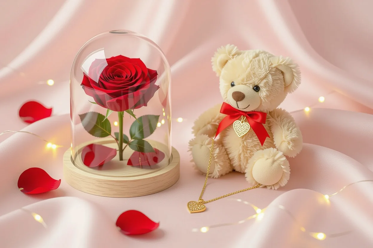 Romantic gift set with preserved rose, necklace, and teddy bear arranged elegantly