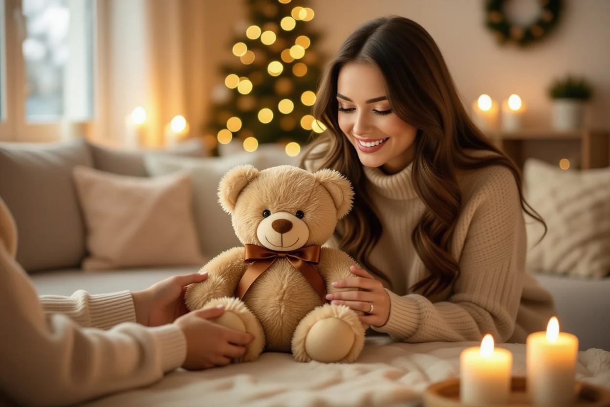 Couple sharing romantic moment while exchanging teddy bear surprise gift with hidden rose and necklace