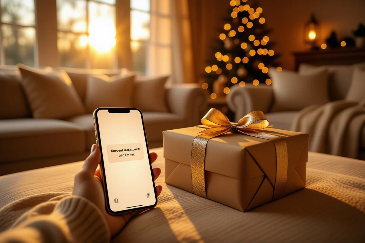 Romantic surprise gift waiting at home with phone showing sweet message notification