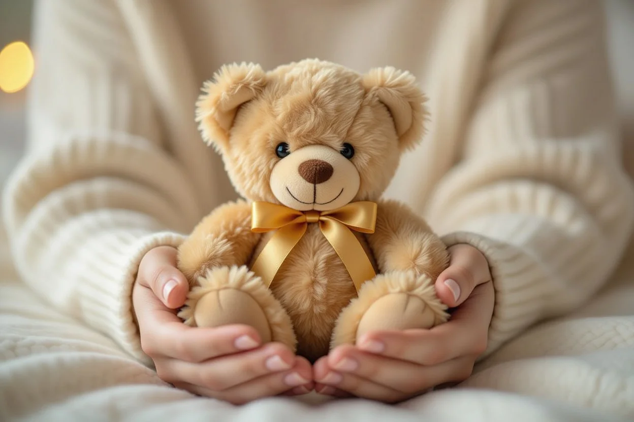 Cute brown teddy bear with ribbon being held gently as romantic surprise gift