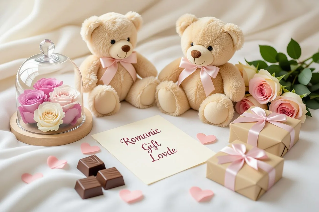 Romantic gifts for her arranged beautifully including teddy bear and preserved flowers