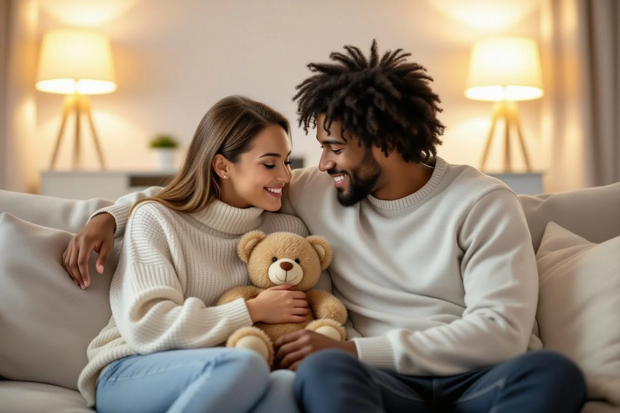 Happy couple sharing romantic moment with surprise teddy bear gift on ordinary evening