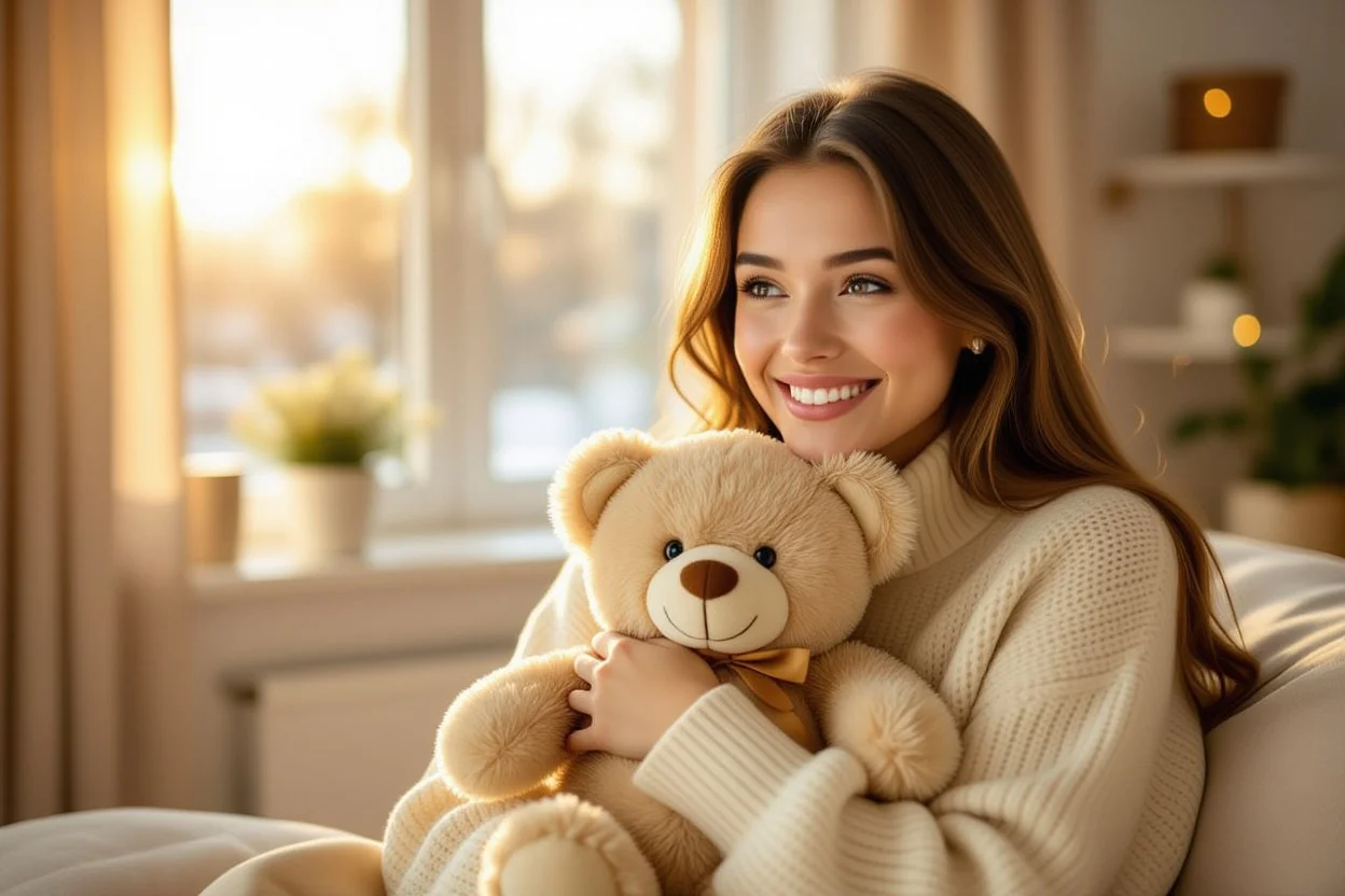 Happy woman receiving teddy bear gift showing joy and surprise