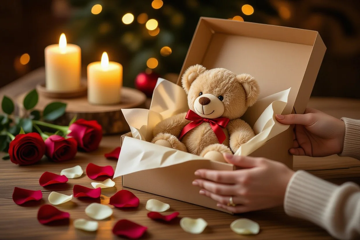 Romantic teddy bear gift presentation with candles and rose petals
