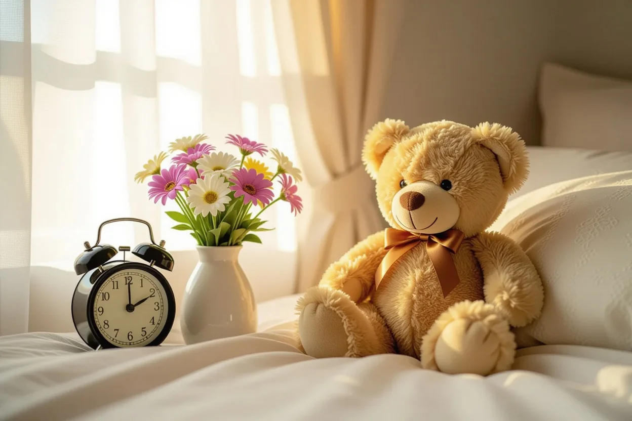 Teddy bear as lasting companion on bedroom nightstand with flowers