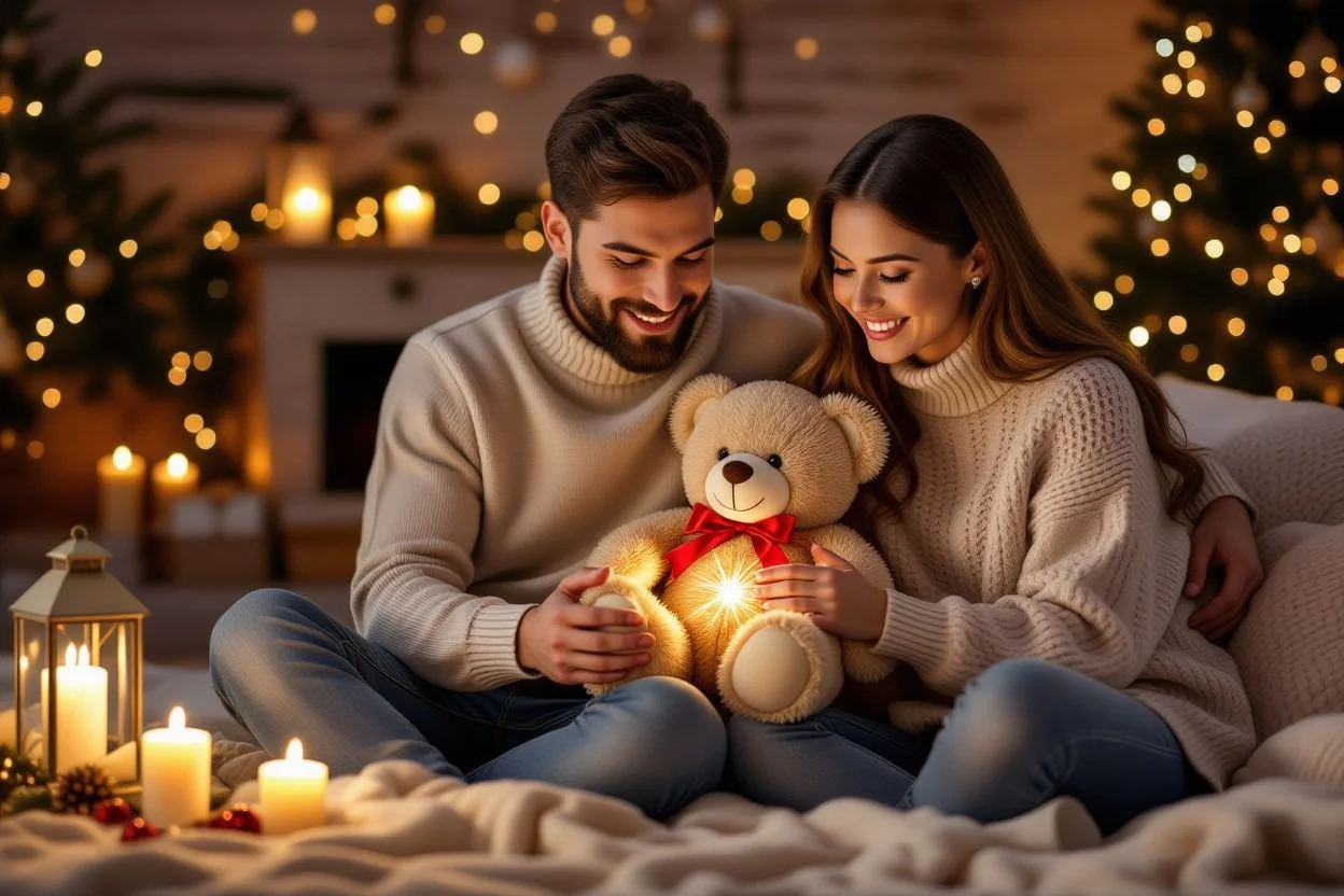 Romantic couple exchanging teddy bear gift on special occasion