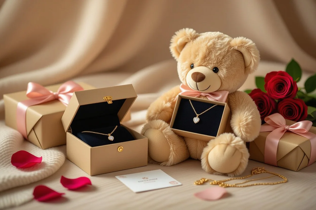 Complete surprise teddy bear and hidden necklace gift set arrangement