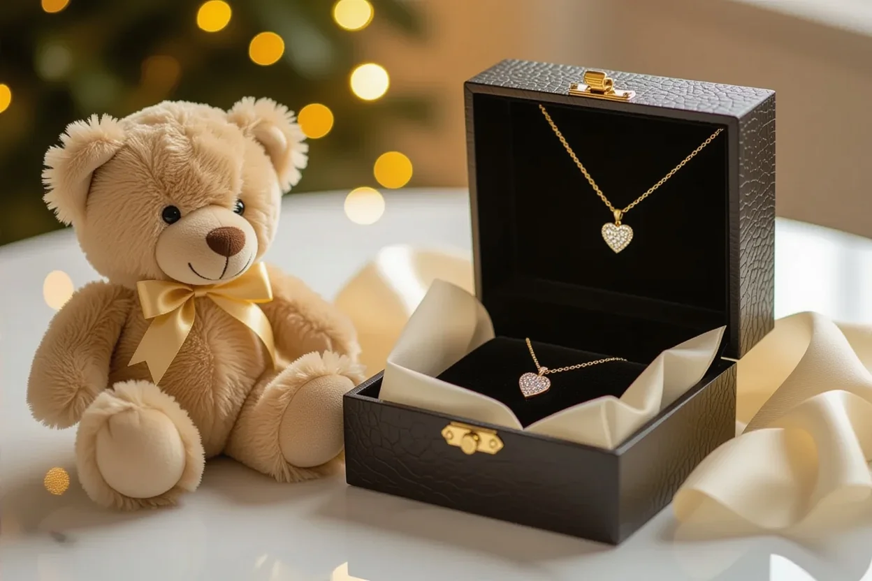 Teddy bear gift box with hidden necklace compartment opened to show romantic surprise gift