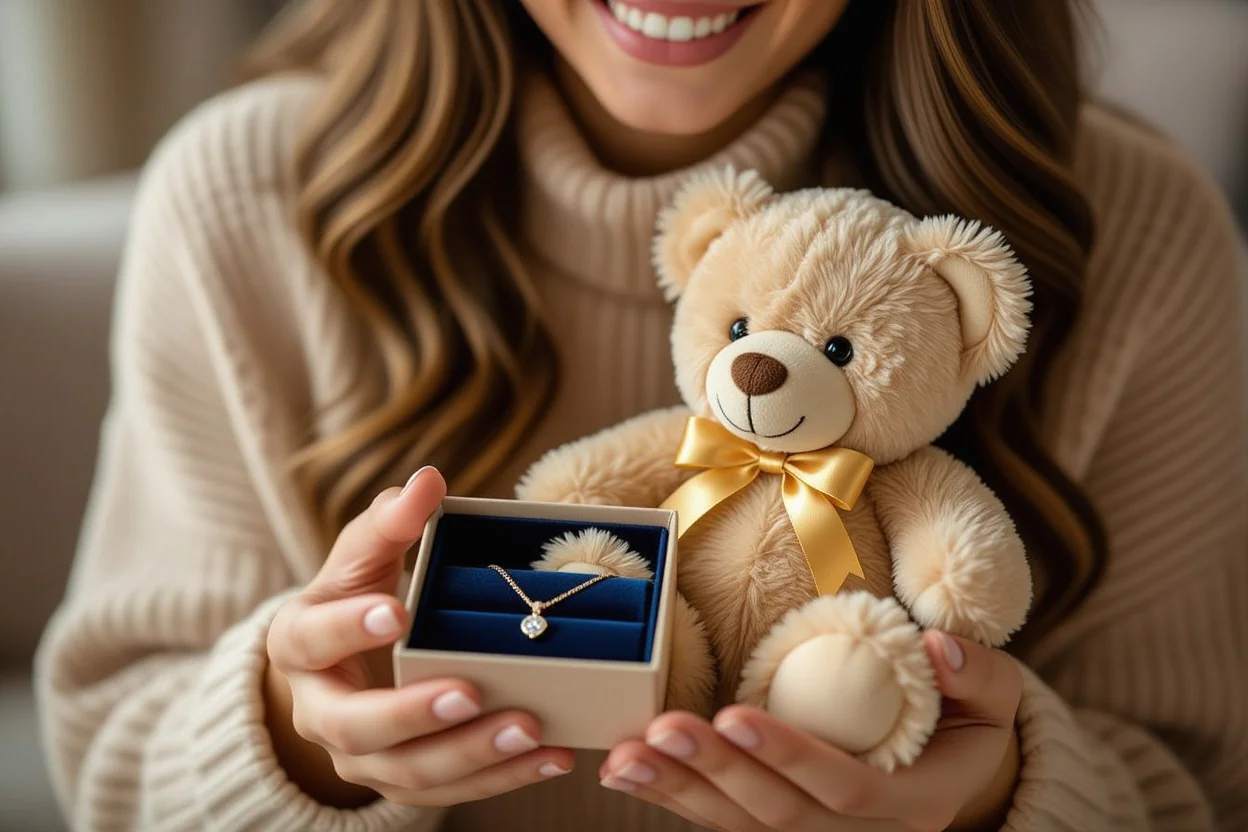 Woman discovering hidden necklace in teddy bear gift box showing joy and surprise