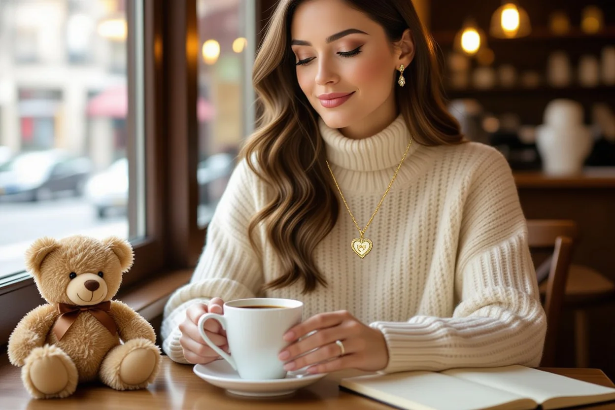 Woman wearing necklace from teddy bear gift box in daily life showing everyday romance
