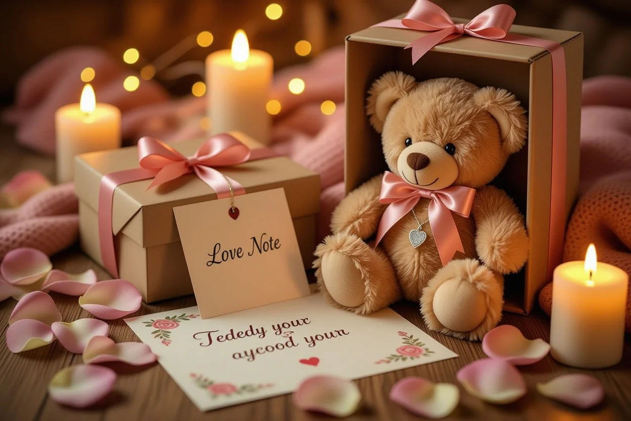 Romantic flat lay with teddy bear gift box and necklace surrounded by love notes and rose petals