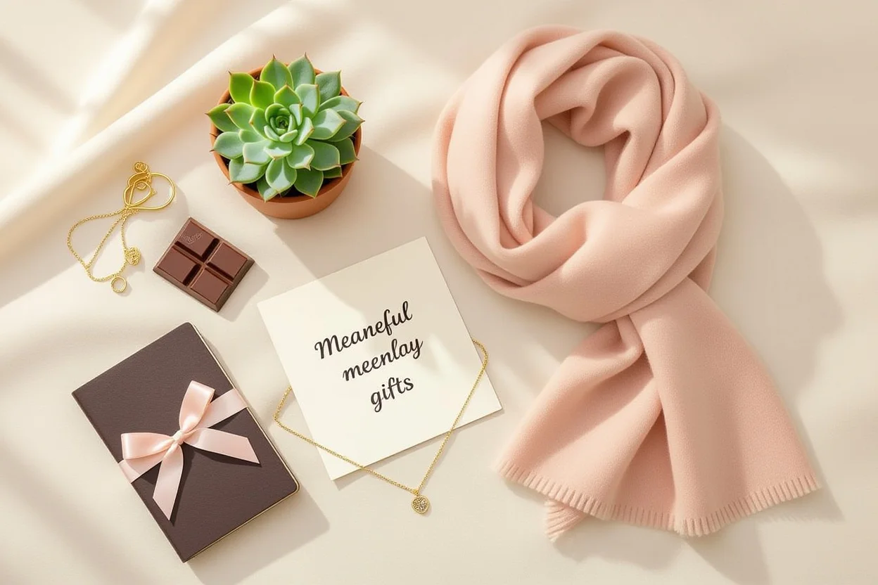 Meaningful everyday gifts for women including handwritten note, succulent plant, cashmere scarf, and delicate jewelry arranged beautifully