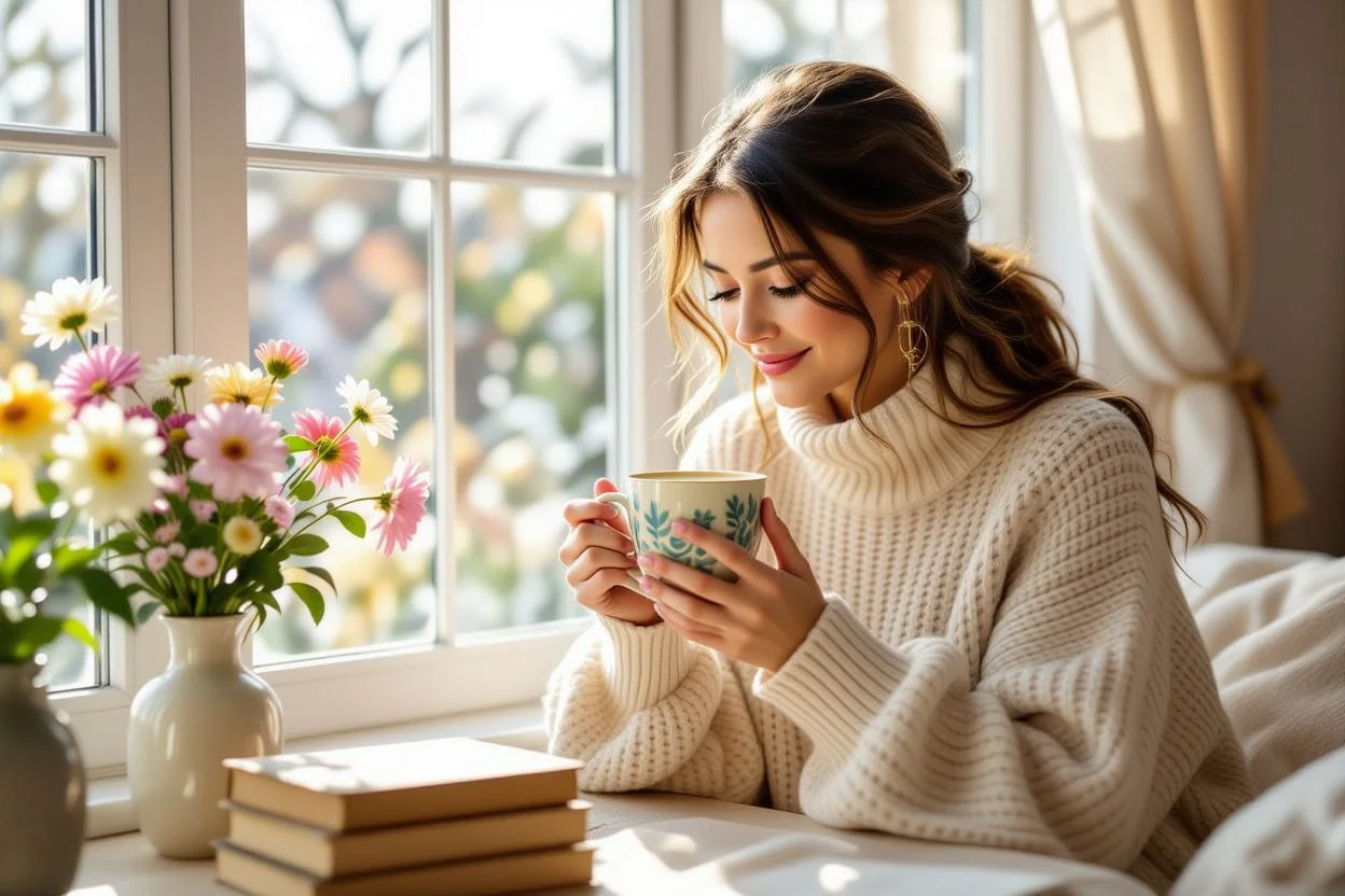 Woman enjoying daily comfort with meaningful gifts - ceramic mug and cozy sweater in natural morning light by window