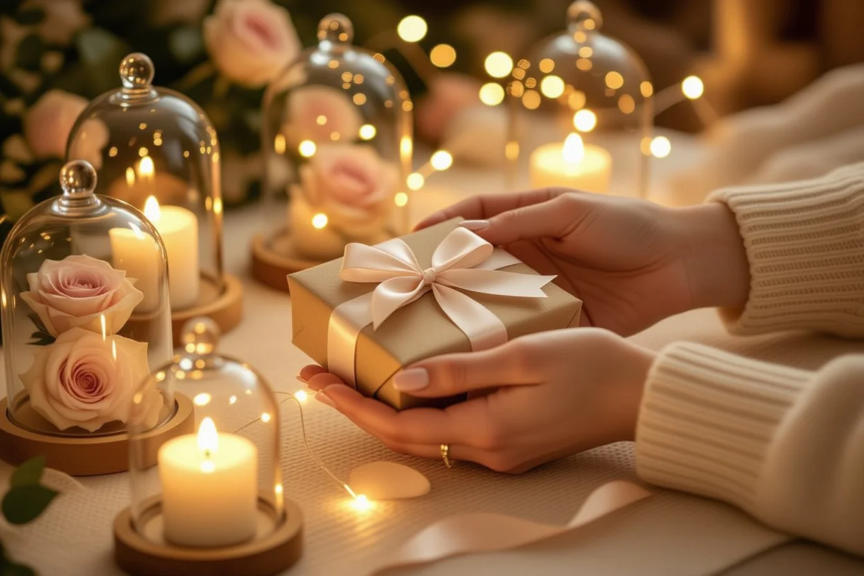 Hands holding beautifully wrapped gift surrounded by preserved roses and fairy lights creating romantic gift-giving moment