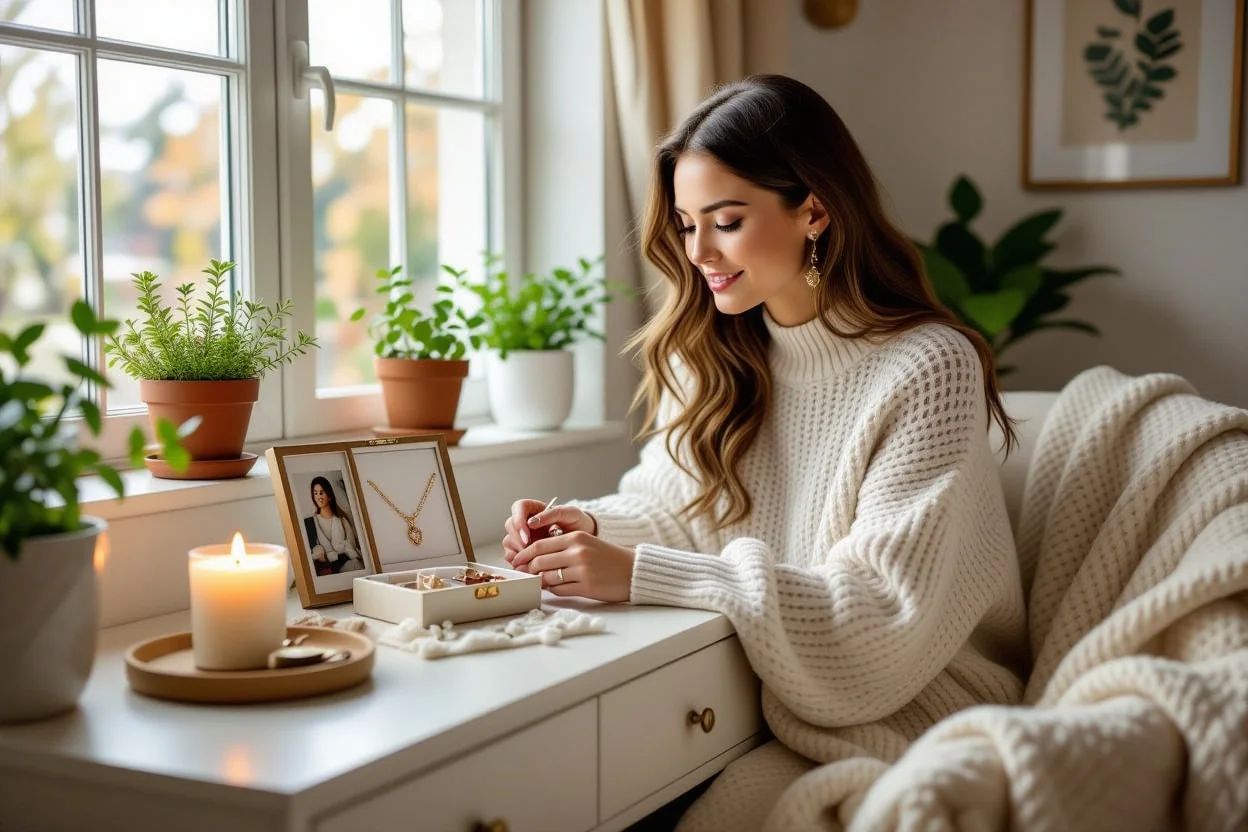 Woman's personal space decorated with meaningful lasting gifts including jewelry box, framed photos, plants, and cozy textiles