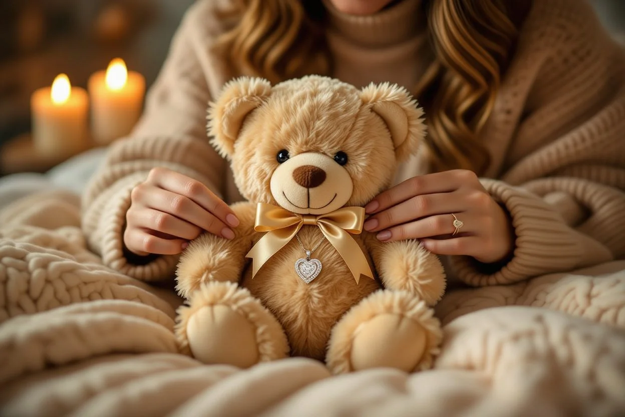 Romantic surprise gift reveal moment showing hidden necklace in teddy bear
