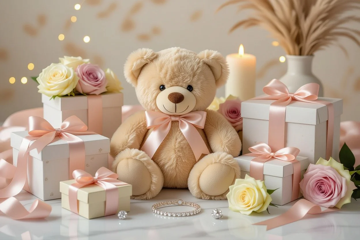 Romantic gift collection featuring teddy bear with hidden necklace and preserved flowers