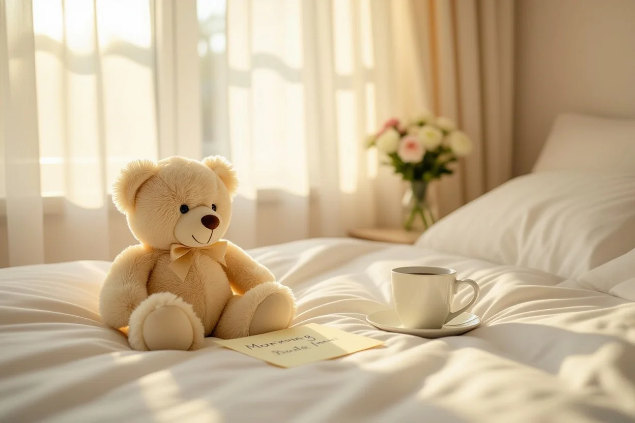 Romantic teddy bear gift on bed with morning sunlight and handwritten love note