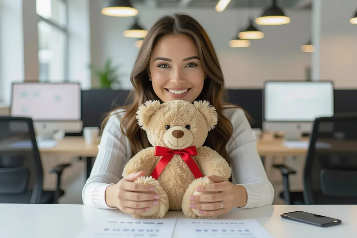 Woman receiving surprise teddy bear gift at work desk during busy day