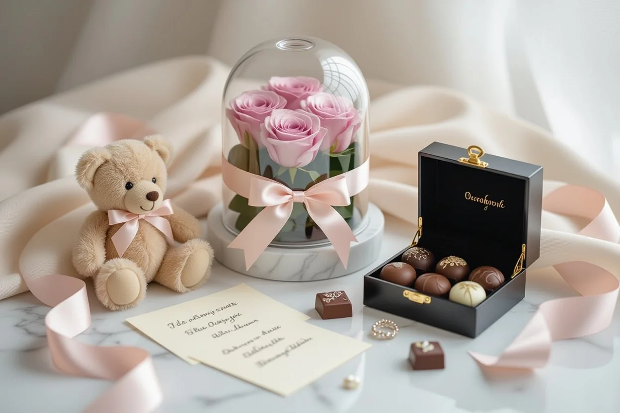 Elegant flat lay of daily romantic gifts including teddy bear and preserved flowers