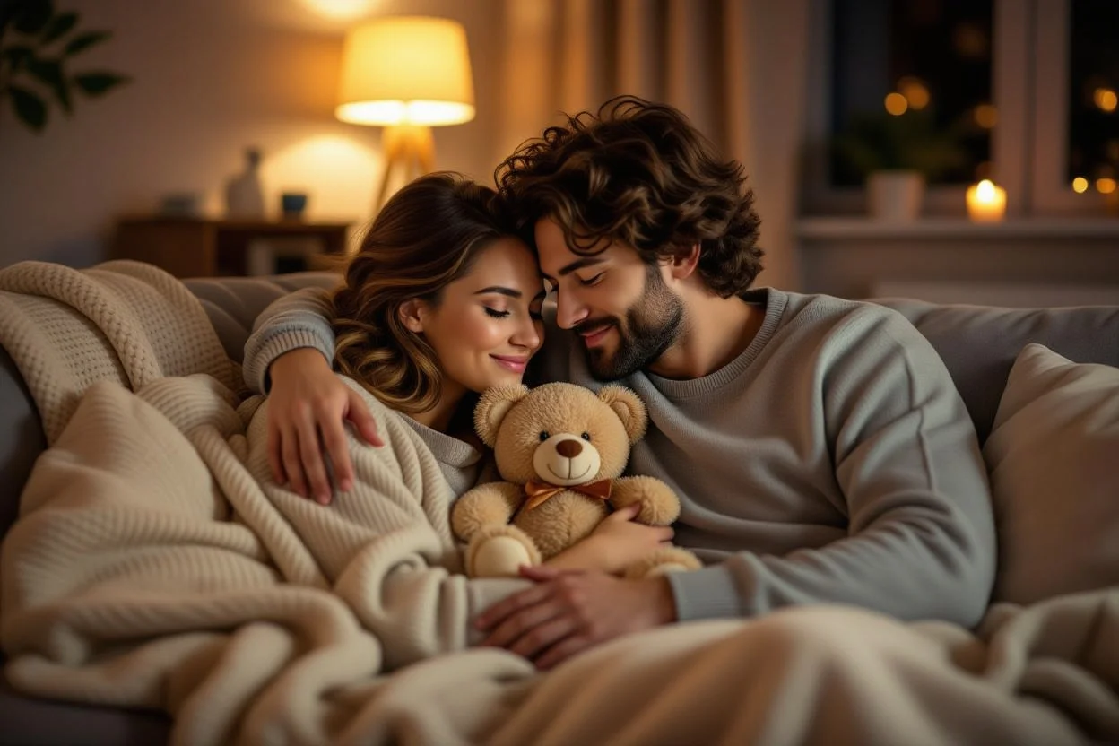 Couple enjoying quiet romantic moment at home with teddy bear gift