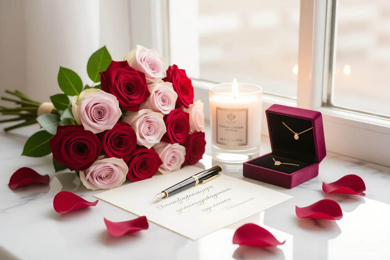 Romantic gift arrangement with preserved roses, handwritten letter, jewelry box, and candle for thoughtful romantic gifts