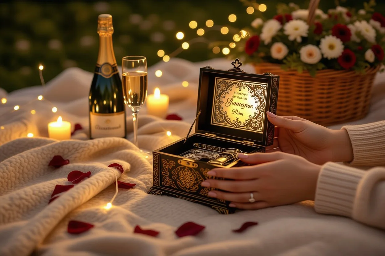 Hands presenting a vintage music box as a surprise romantic gift during an intimate picnic setting with fairy lights