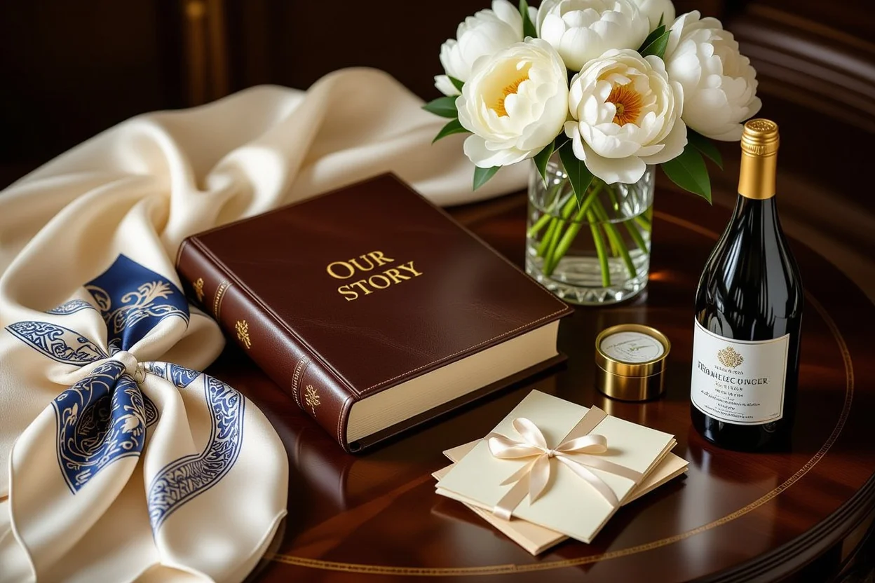 Elegant anniversary gift collection featuring photo album, silk scarves, custom wine, and handwritten notes arranged on dark wood