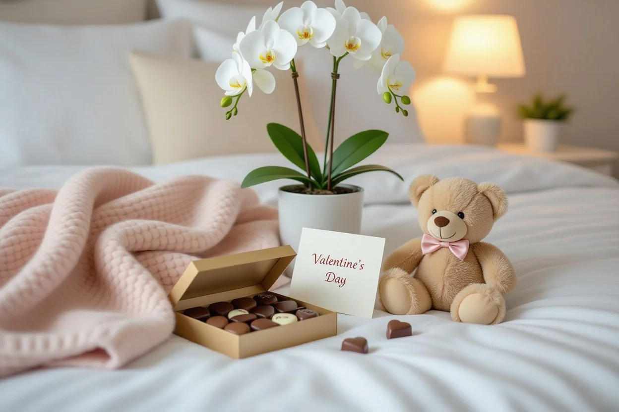 Cozy Valentine's Day gift arrangement on white bedding with cashmere throw, orchid, chocolates, and teddy bear