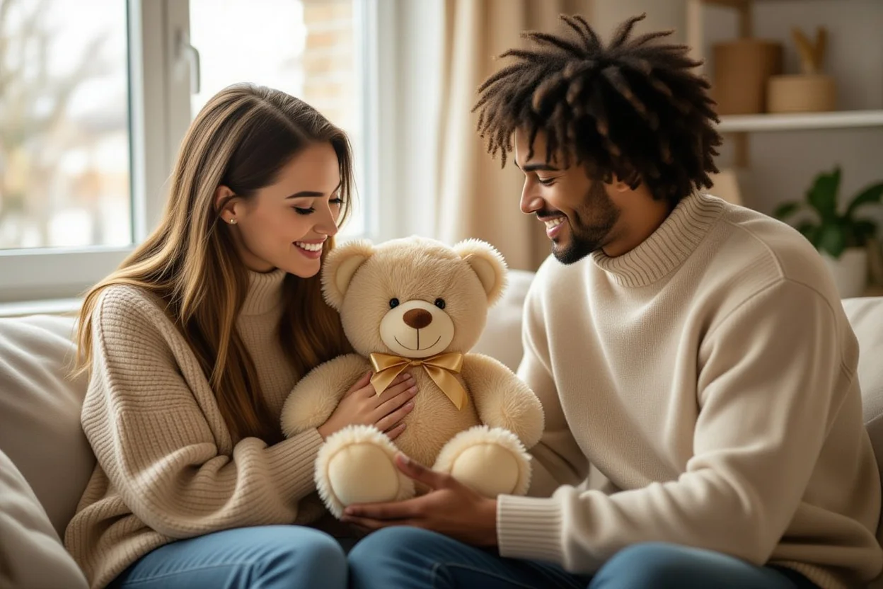 Couple sharing intimate gift-giving moment with special teddy bear on regular day
