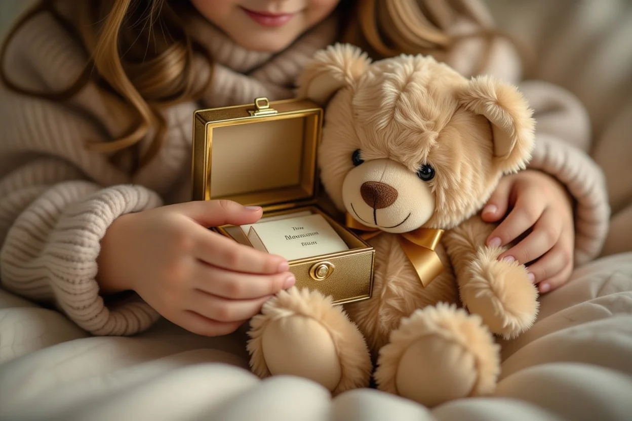 Hands discovering hidden surprise inside romantic teddy bear gift