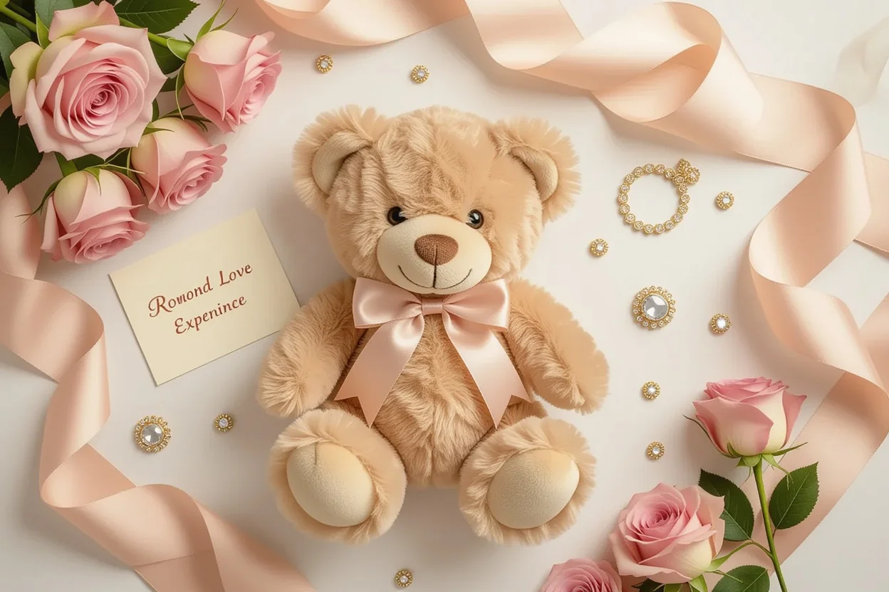 Romantic gift arrangement featuring luxury teddy bear with preserved flowers and love notes