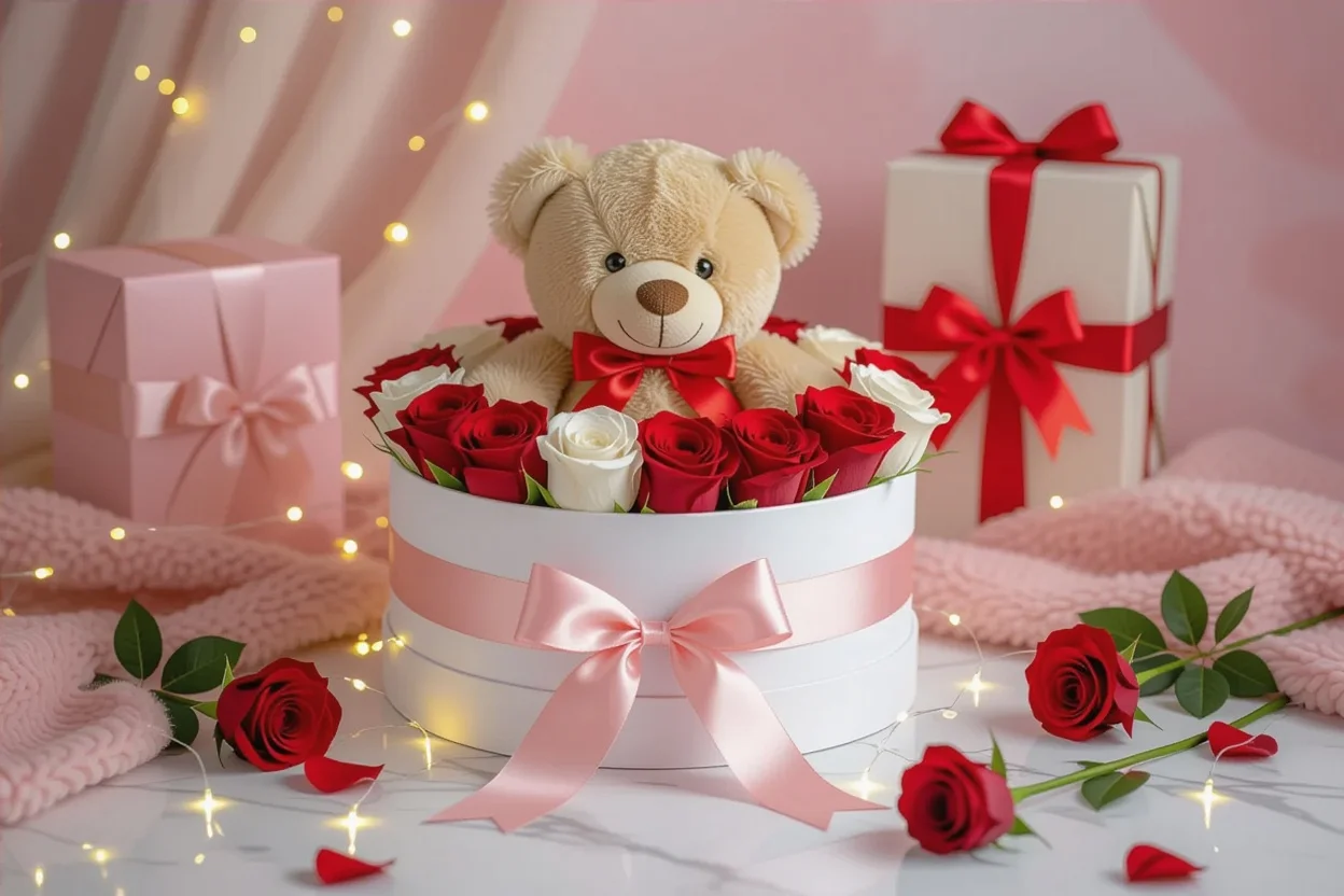 Romantic gift setup with teddy bear, preserved roses, and elegant presentation for Valentine's Day or birthday