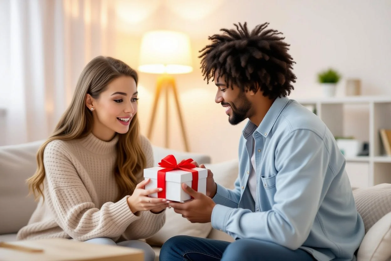 Couple sharing intimate gift-giving moment showing romantic reconciliation and thoughtful surprise present