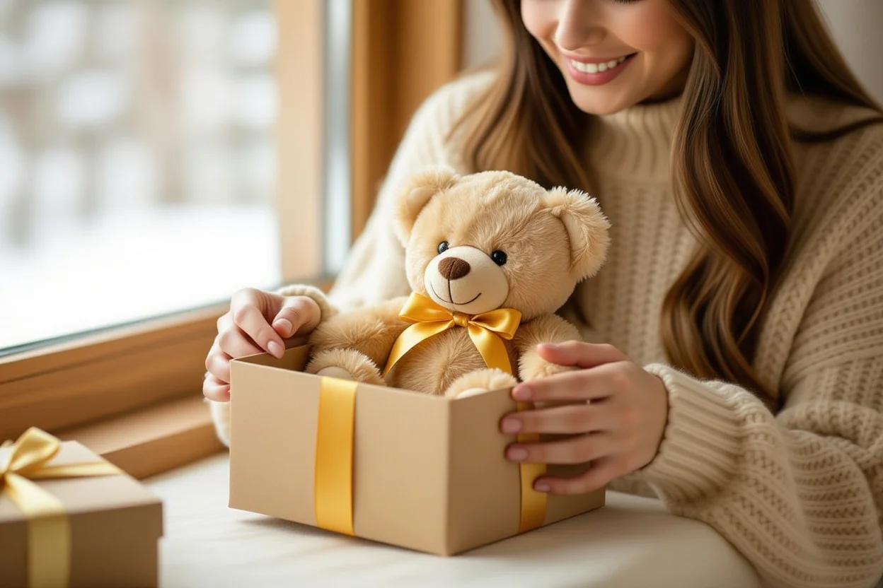Woman opening surprise teddy bear gift box romantic moment