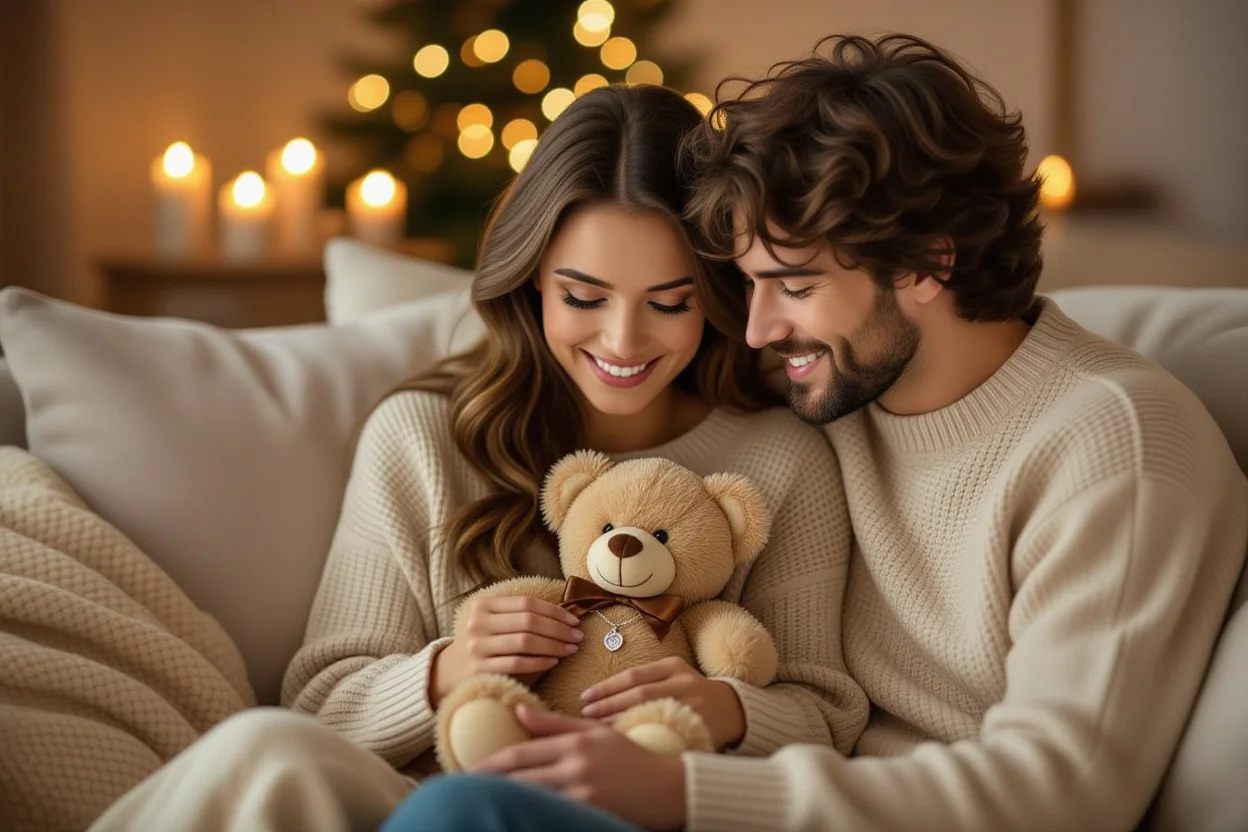 Couple sharing romantic moment with surprise teddy bear necklace gift